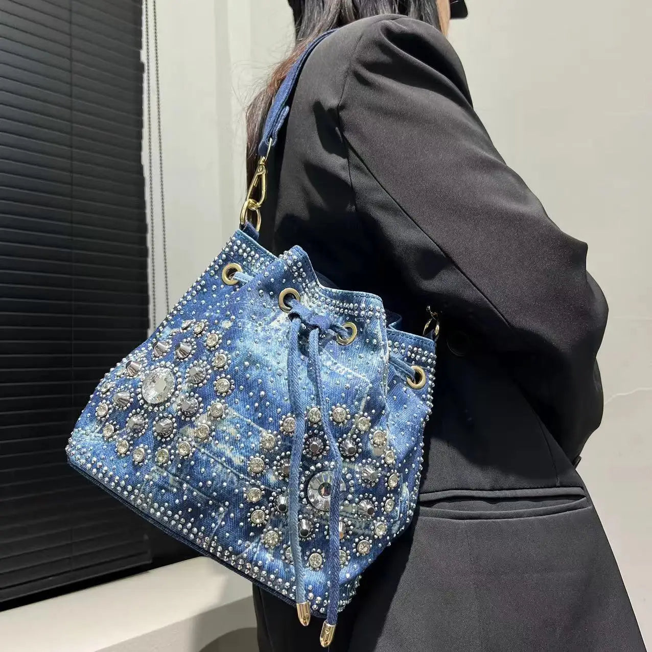 Denim Bucket Crossbody Bag Set
