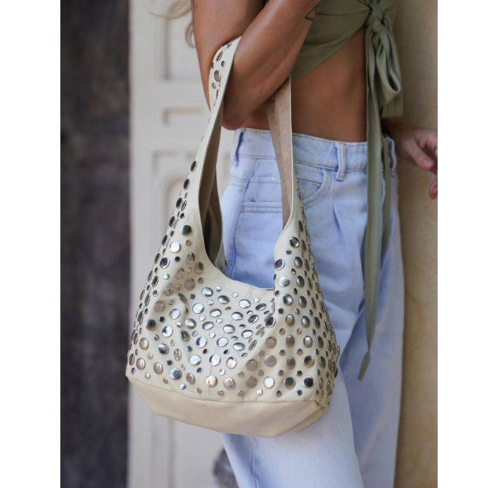 Women Studded Beige Leather Bag