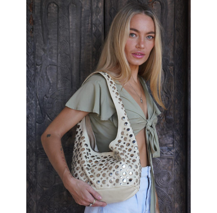 Women Studded Beige Leather Bag