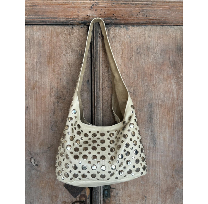 Women Studded Beige Leather Bag